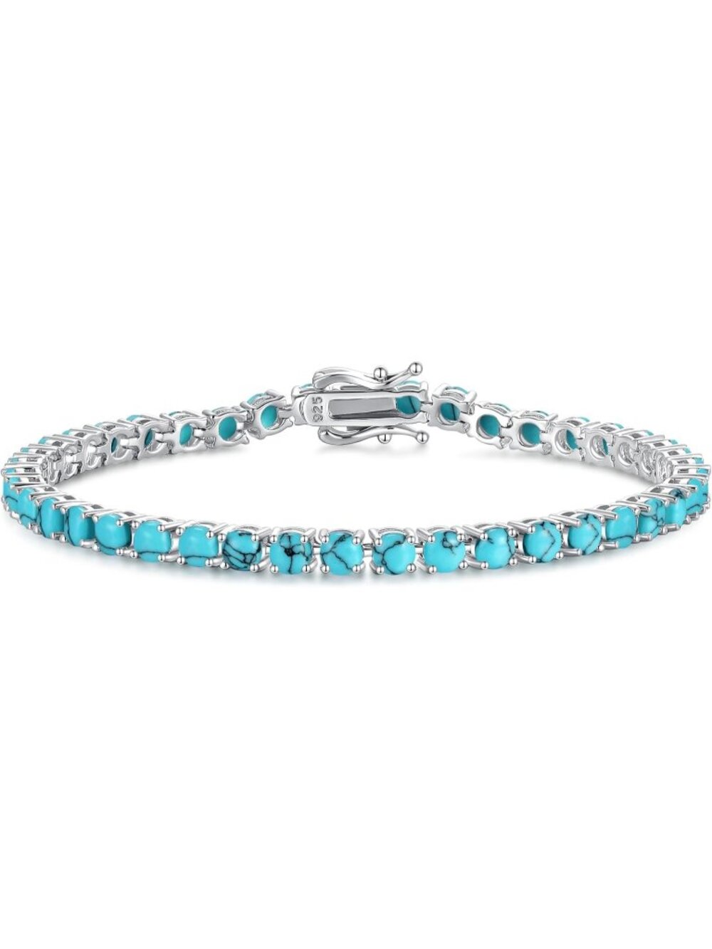 Women's 7.2 Inch 4mm Turquoise Sterling Silver Birthstone Gemstone Bracelet